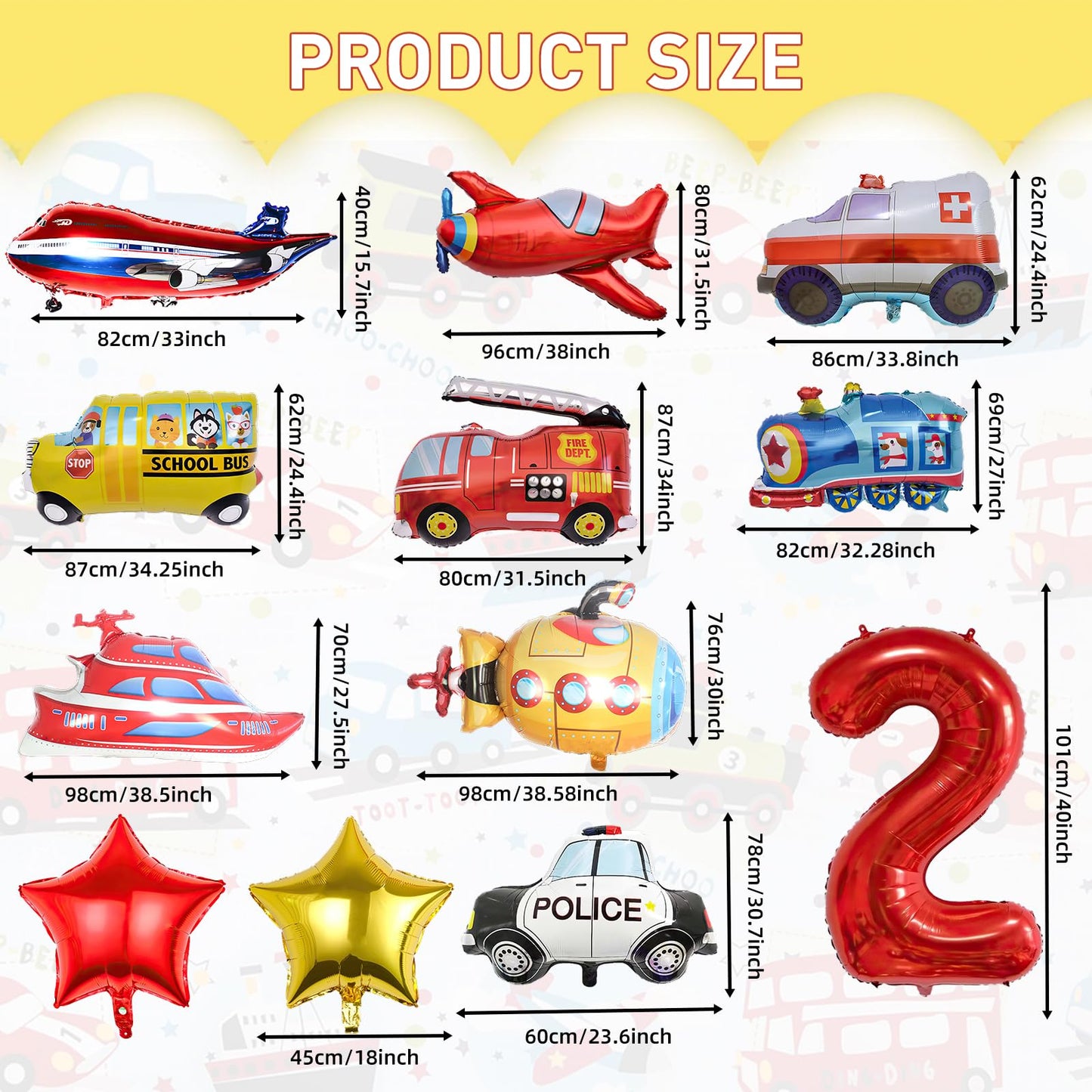 12pcs Transportation Truck Plane School Bus Fire Truck Police Car Ship Ambulance Submarine Birthday Number Foil Balloon for Transportation 2nd