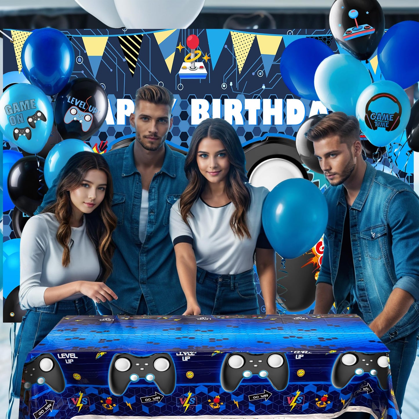 15 PCS Complete Video Game Party Decoration Set 1 Backdrop 1 Tablecloth 13 Latex Balloons and More Perfect for Gamer Party Supplies Boys and Girls