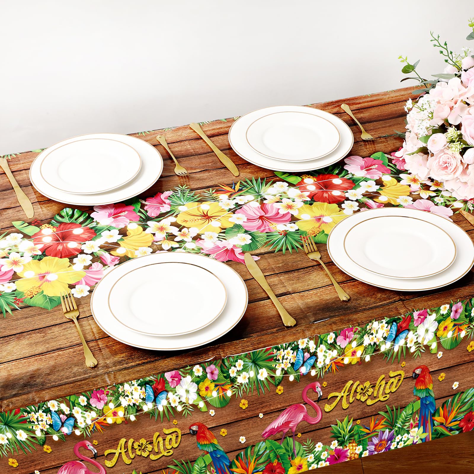 Tatuo 3 Pcs Hawaiian Tablecloths Tropical Luau Tiki Table Covers Summer Party Decoration Palm Leaves Plastic Rectangular Aloha Flower Tablecloth