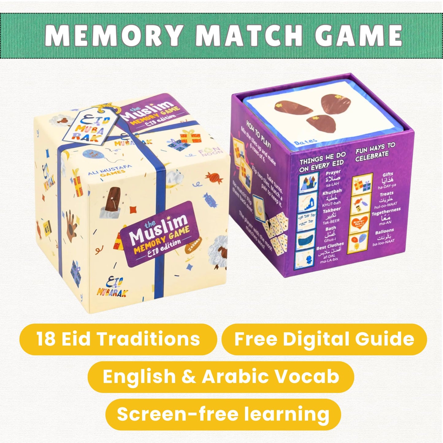 Ali Mustafa Games The Muslim Memory Game Eid Edition, Ramadan Gifts for Kids Ages 4-8, Islamic Educational Toy, Eid Gifts for Children, Screen-Free