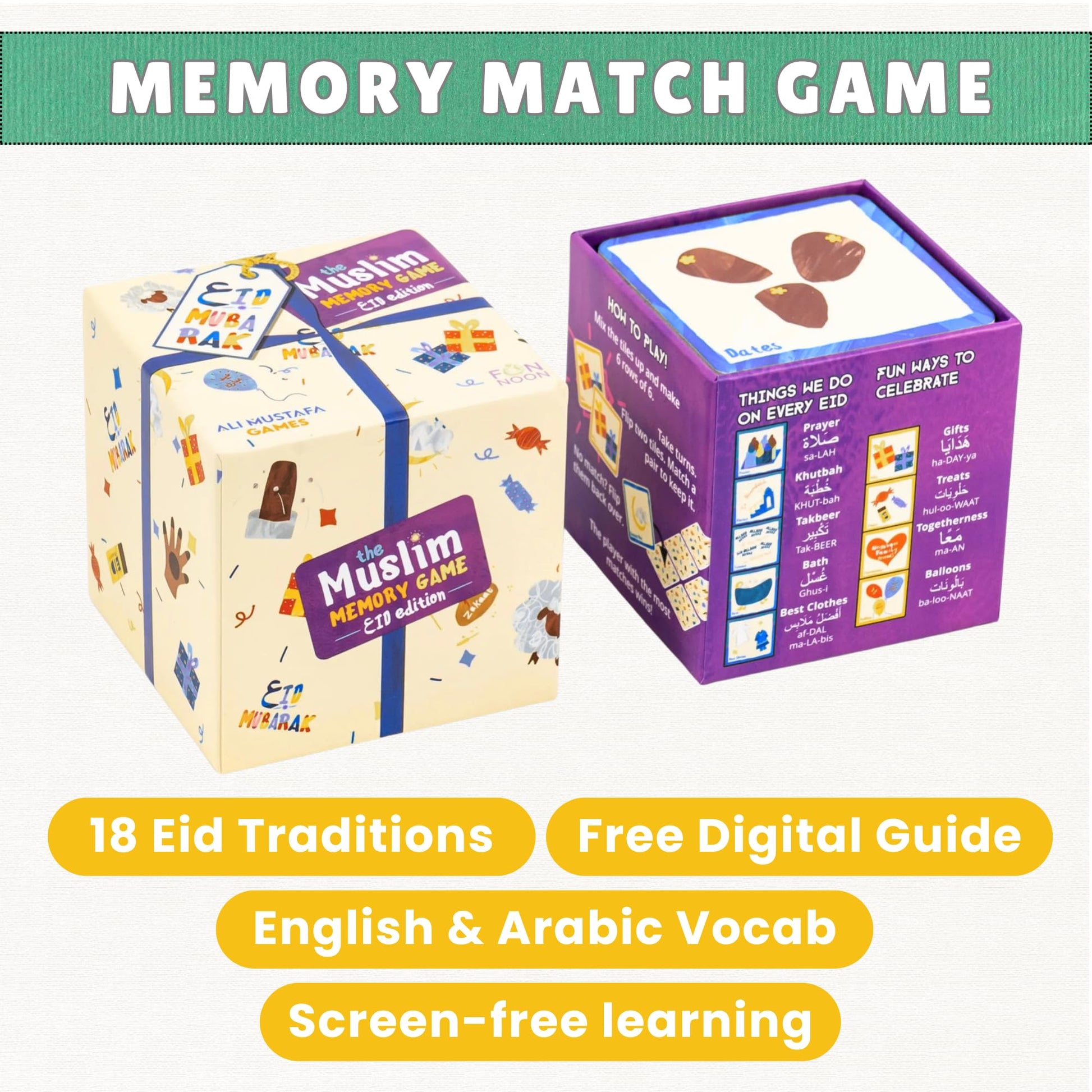 Ali Mustafa Games The Muslim Memory Game Eid Edition, Ramadan Gifts for Kids Ages 4-8, Islamic Educational Toy, Eid Gifts for Children, Screen-Free