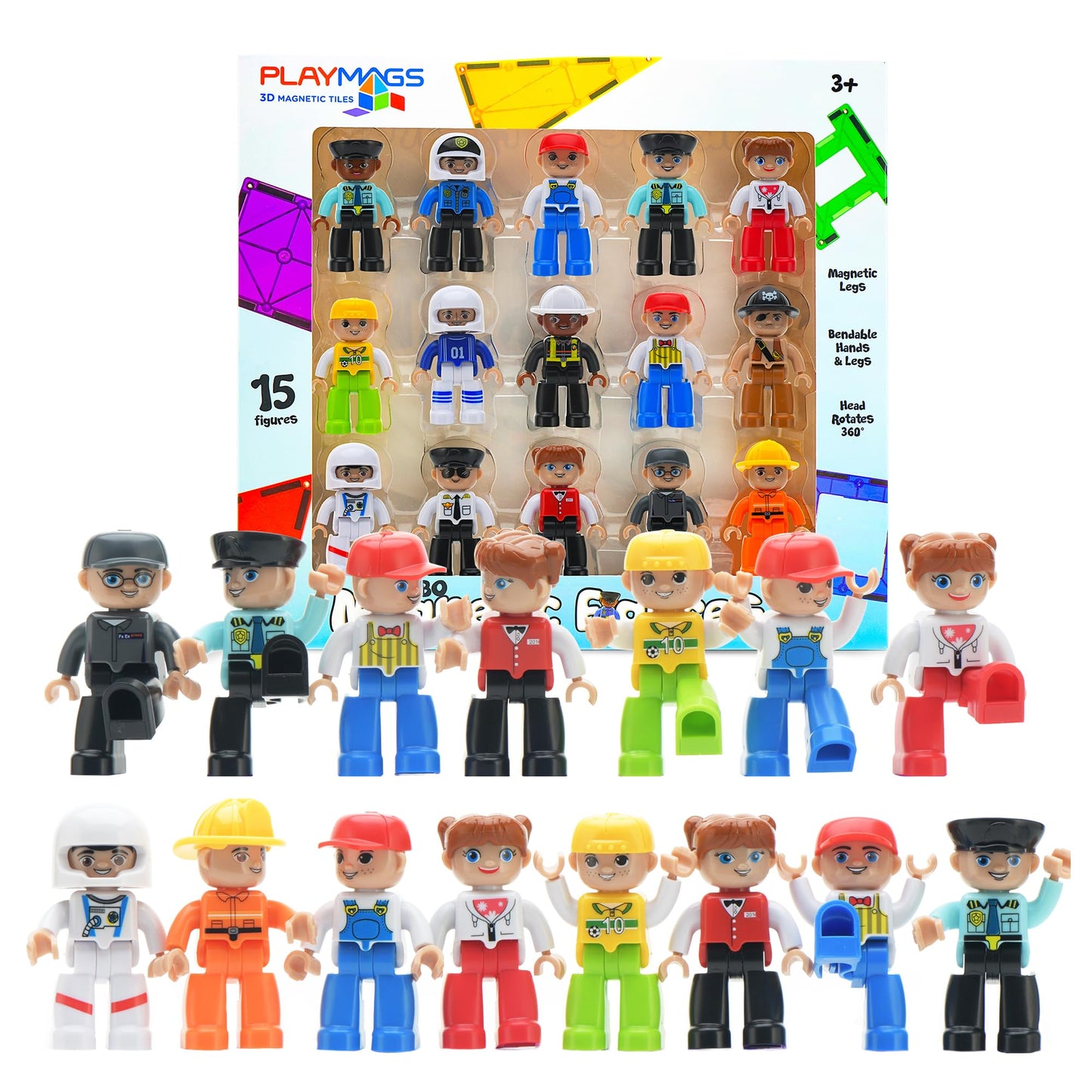 Playmags Large Magnetic Figures Community Set of 15 Pieces - 3” Play People Perfect for Magnetic Toys Building Blocks - STEM Learning Toys for Kids
