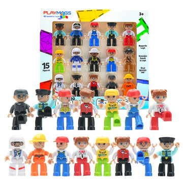 Playmags Large Magnetic Figures Community Set of 15 Pieces - 3” Play People Perfect for Magnetic Toys Building Blocks - STEM Learning Toys for Kids