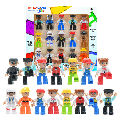 Playmags Large Magnetic Figures Community Set of 15 Pieces - 3” Play People Perfect for Magnetic Toys Building Blocks - STEM Learning Toys for Kids