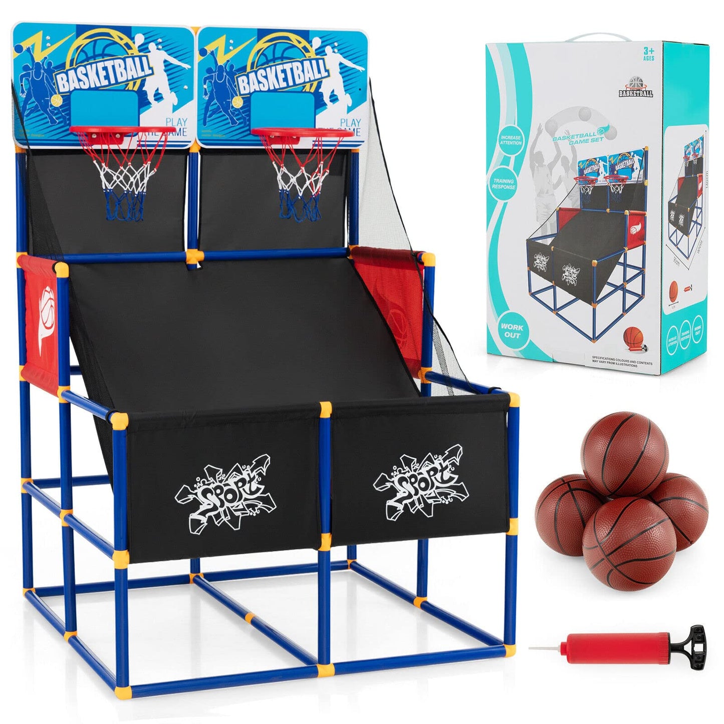 Goplus Kids Basketball Arcade Game, Dual Shot Basketball Game for 2 Players with 4 Balls & Inflation Pump, Indoor Outdoor Sport Play Birthday Gift