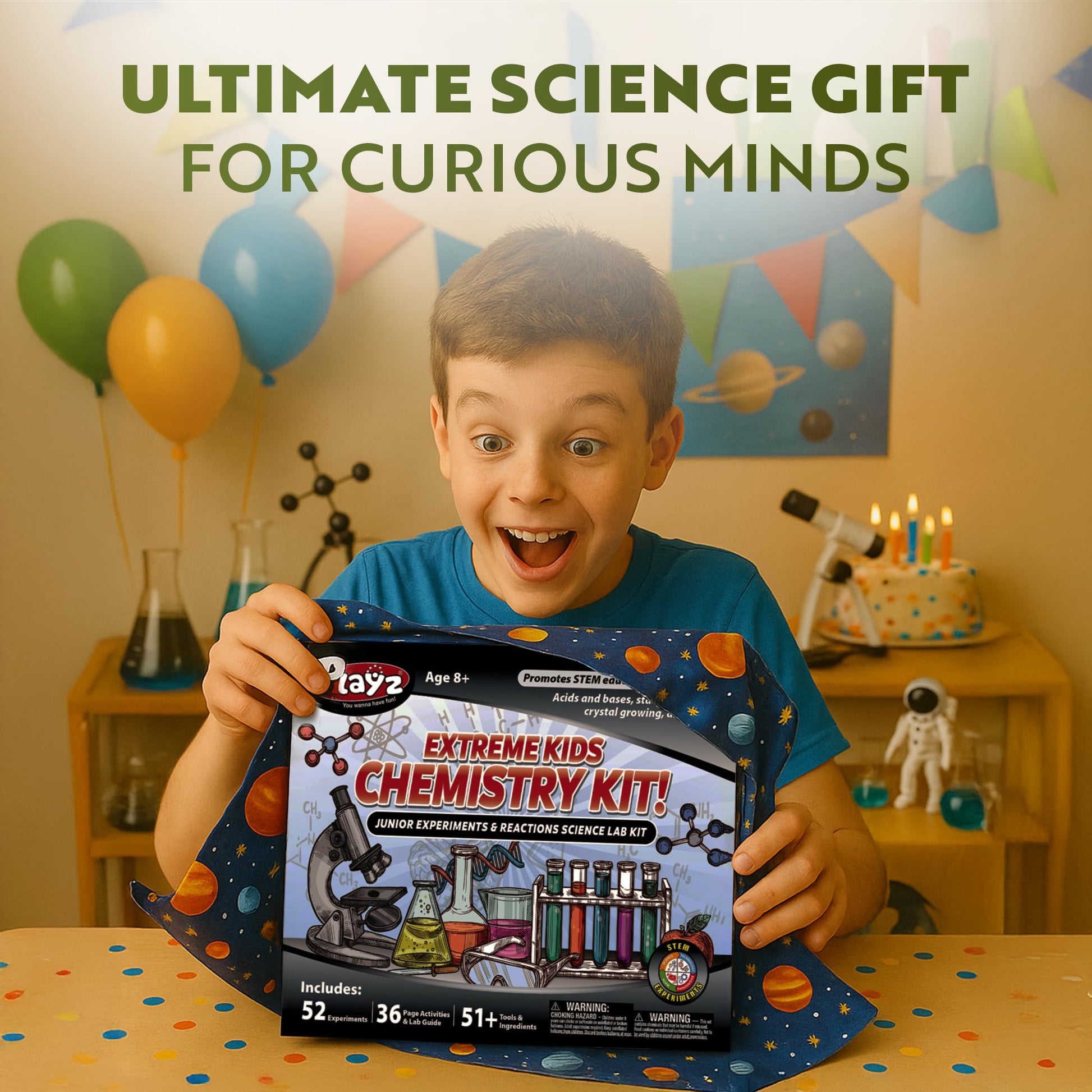 Playz Extreme Chemistry Set - 52 Unique Experiments, Science Kits for Kids Age 8-12, Lab Gear, Volcano Project, Learning Tools, Fair Activity