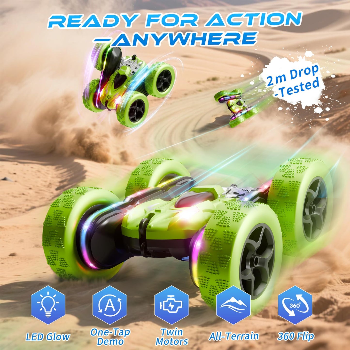 Zalneo Remote Control Car - 4WD 360° Flip Double?Sided RC Stunt Car LED Light Bar & USB?C Modular Battery, Off?Road Toys for Boys Ages 6?12, Birthday