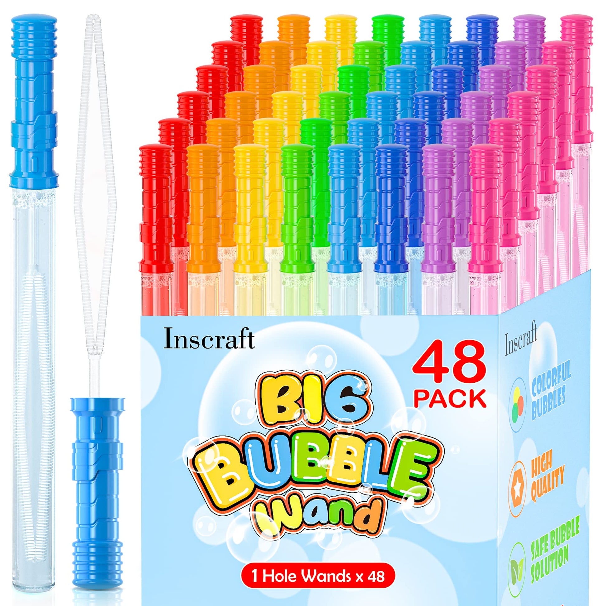 Inscraft 48 Pack 14’’ Big Bubble Wands, 8 Colors Bulk for Summer Toy, Outdoor/Indoor Activity Use, Easter, Birthday, Graduation, Shower, Bubbles Party