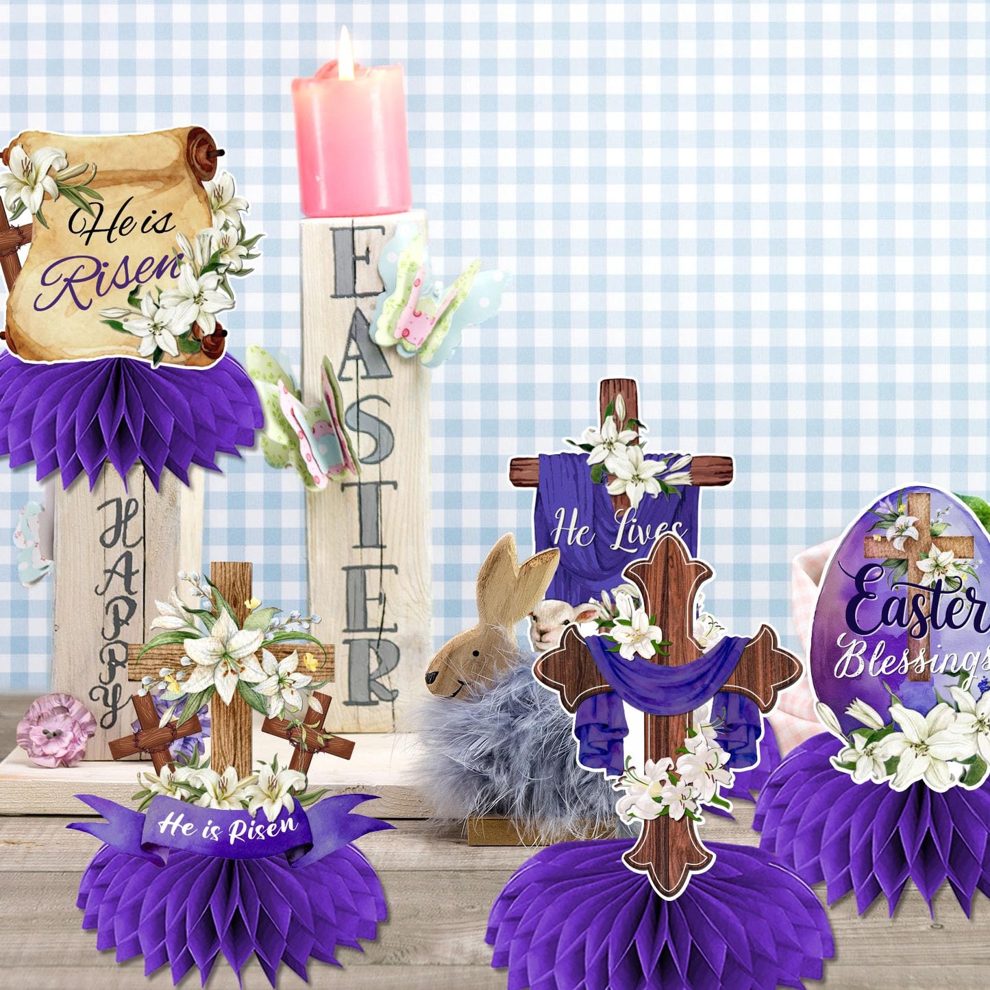 Easter Table Decorations He is Risen Honeycomb Centerpiece 12Pcs Religious Easter Paper Centerpieces Christian Jesus Cross He Lives Table Centerpieces