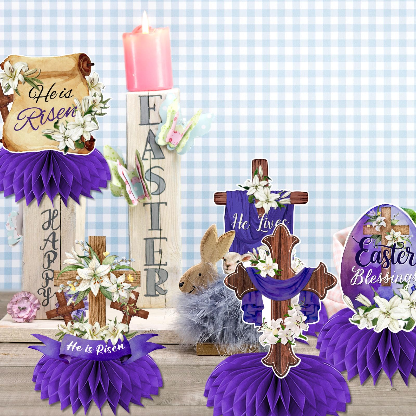 Easter Table Decorations He is Risen Honeycomb Centerpiece 12Pcs Religious Easter Paper Centerpieces Christian Jesus Cross He Lives Table Centerpieces