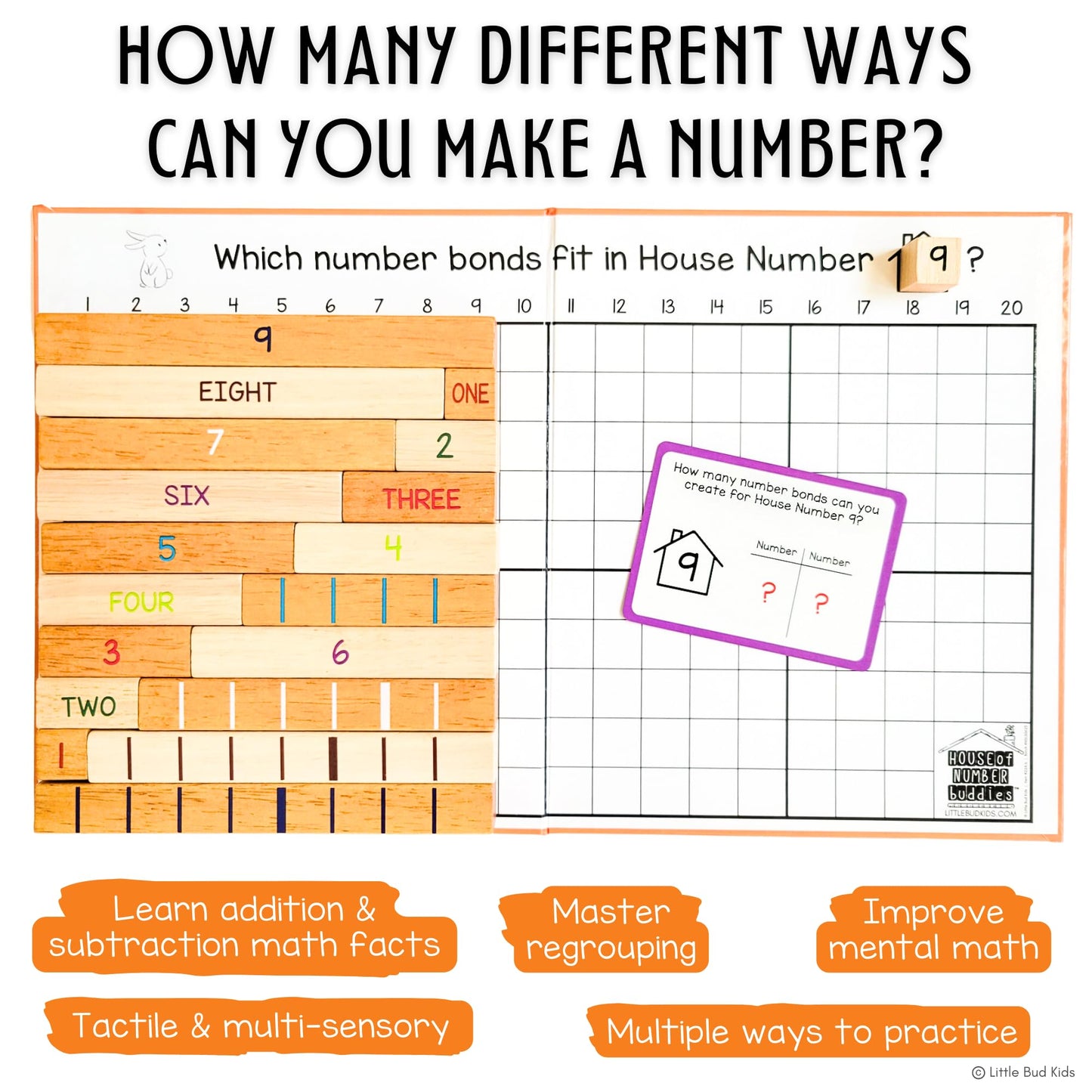 LITTLE BUD KIDS House of Number Buddies Math Game, a Number Bonds Math Toy with Counting Rods and Addition & Subtraction Flash Cards, a Montessori