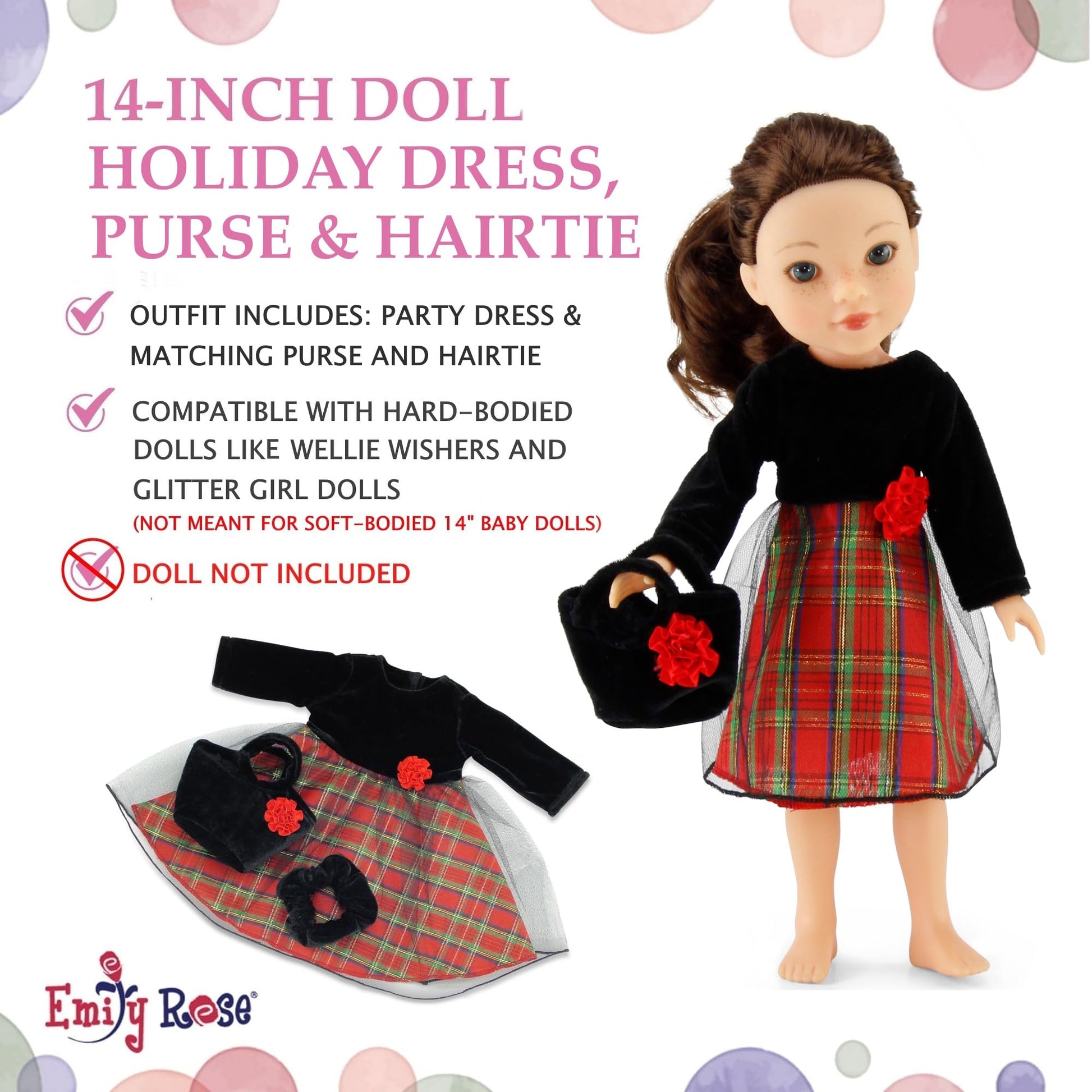 Emily Rose 14-inch Fashion Doll Clothes Fancy Holiday Party Dress with Black Velvet Top - Includes Matching Purse & Hair tie | Doll NOT Included | USA