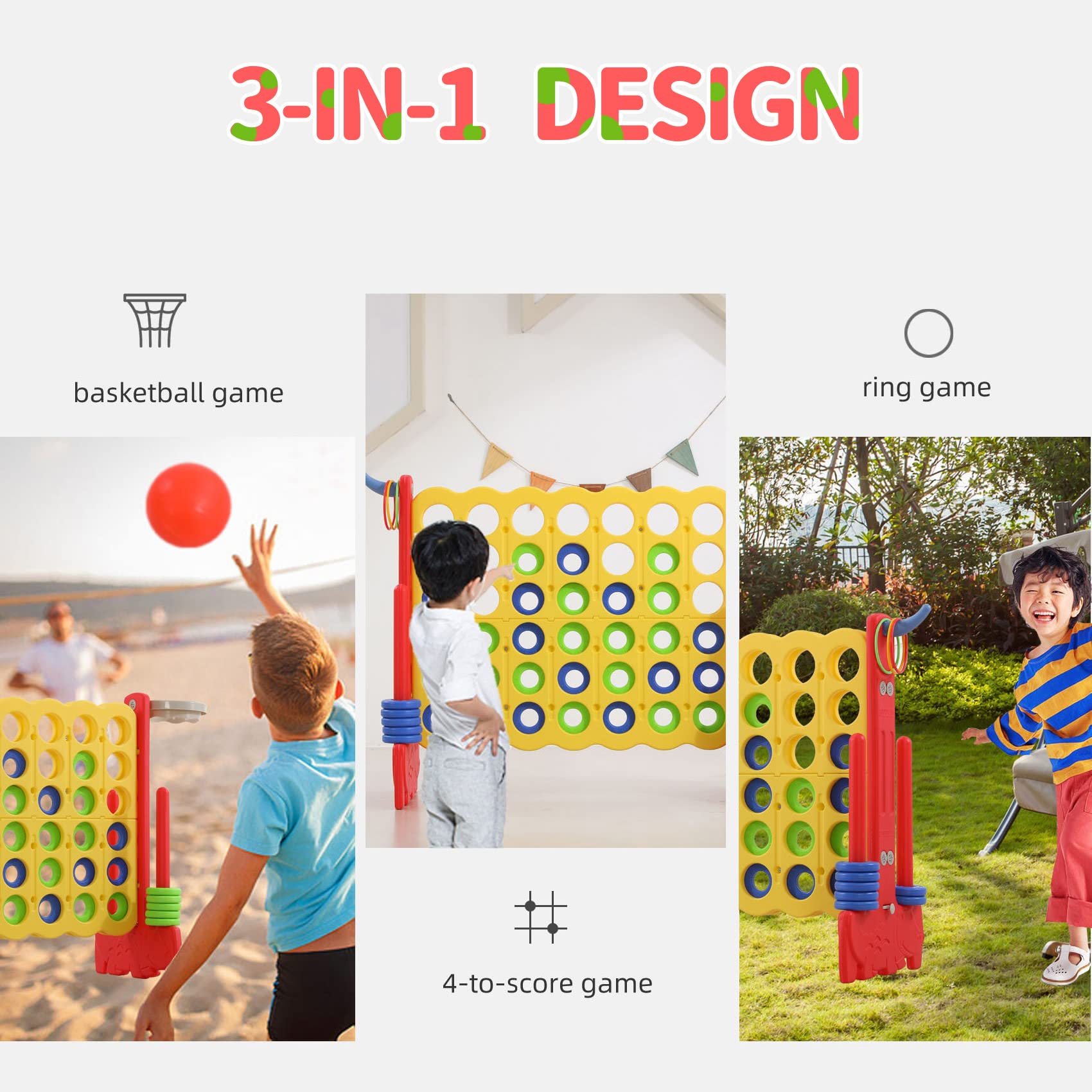 UNICOO Giant 4-in-a-Row Game with Carry Bag, 3-in-1 Jumbo 4-to-Score Outdoor Yard Game with Basketball Hoop, Ring Toss, Quick-Release Slider, 42