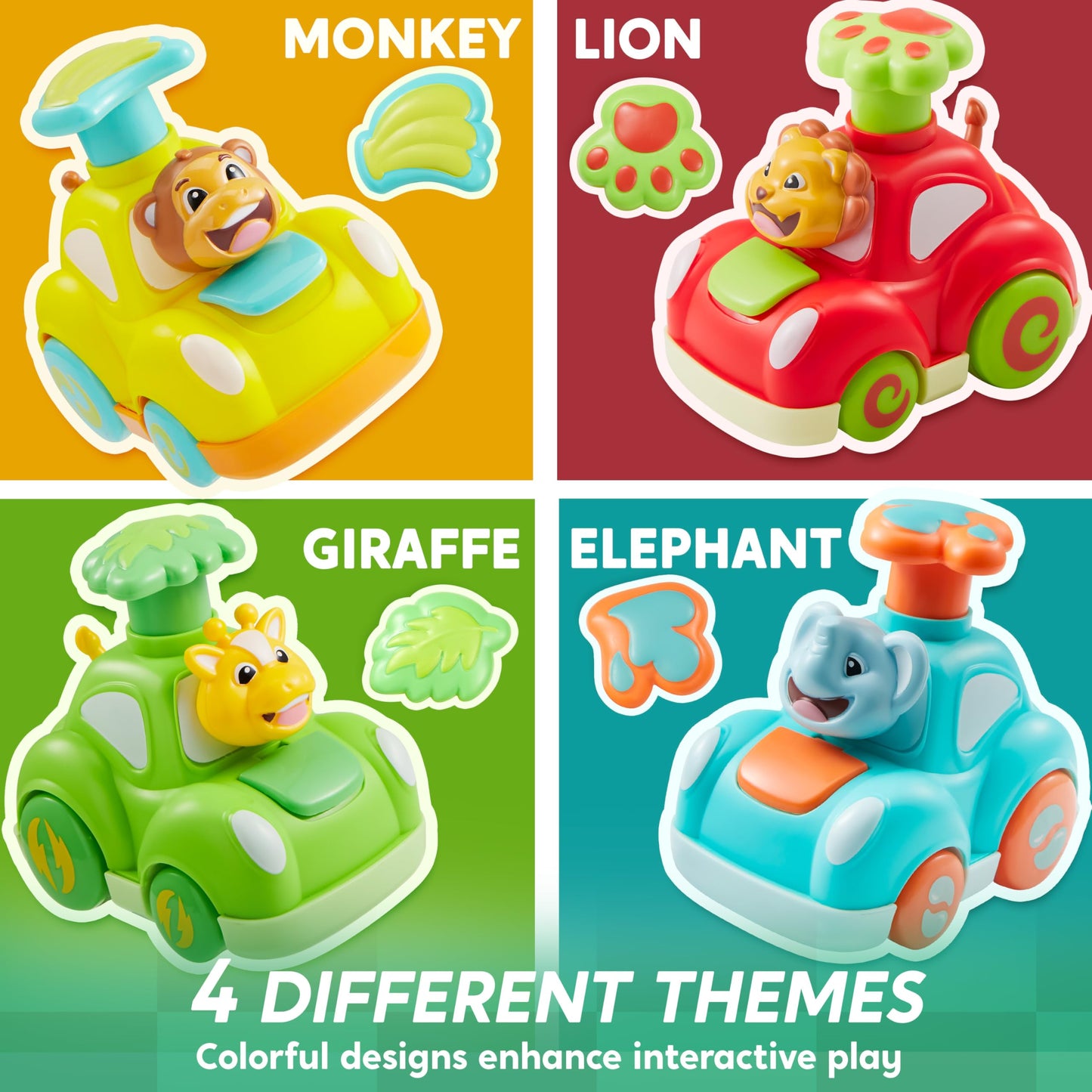 JOYIN Animal Toy Cars, Toddler Toys for Boys Girls, 4 Pack Press and Go Cars Including Elephant, Monkey, Giraffe and Lion, Wind Up Toddler Gift