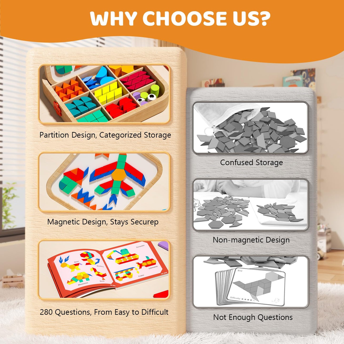 edutree Wooden Magnetic Pattern Blocks Set with Cards, 288 PCS Montessori Tangram Puzzle Learning Toys for Toddlers 4-8, Educational STEM Gift