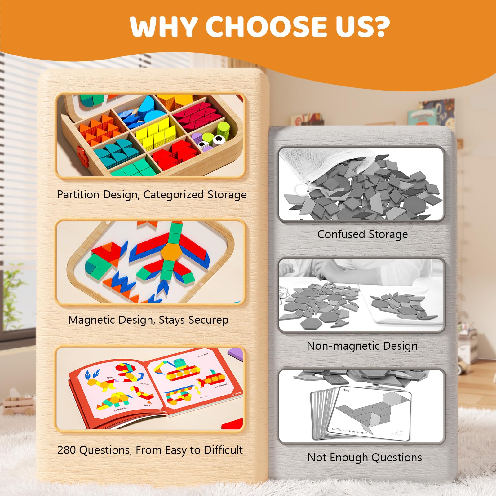 edutree Wooden Magnetic Pattern Blocks Set with Cards, 288 PCS Montessori Tangram Puzzle Learning Toys for Toddlers 4-8, Educational STEM Gift