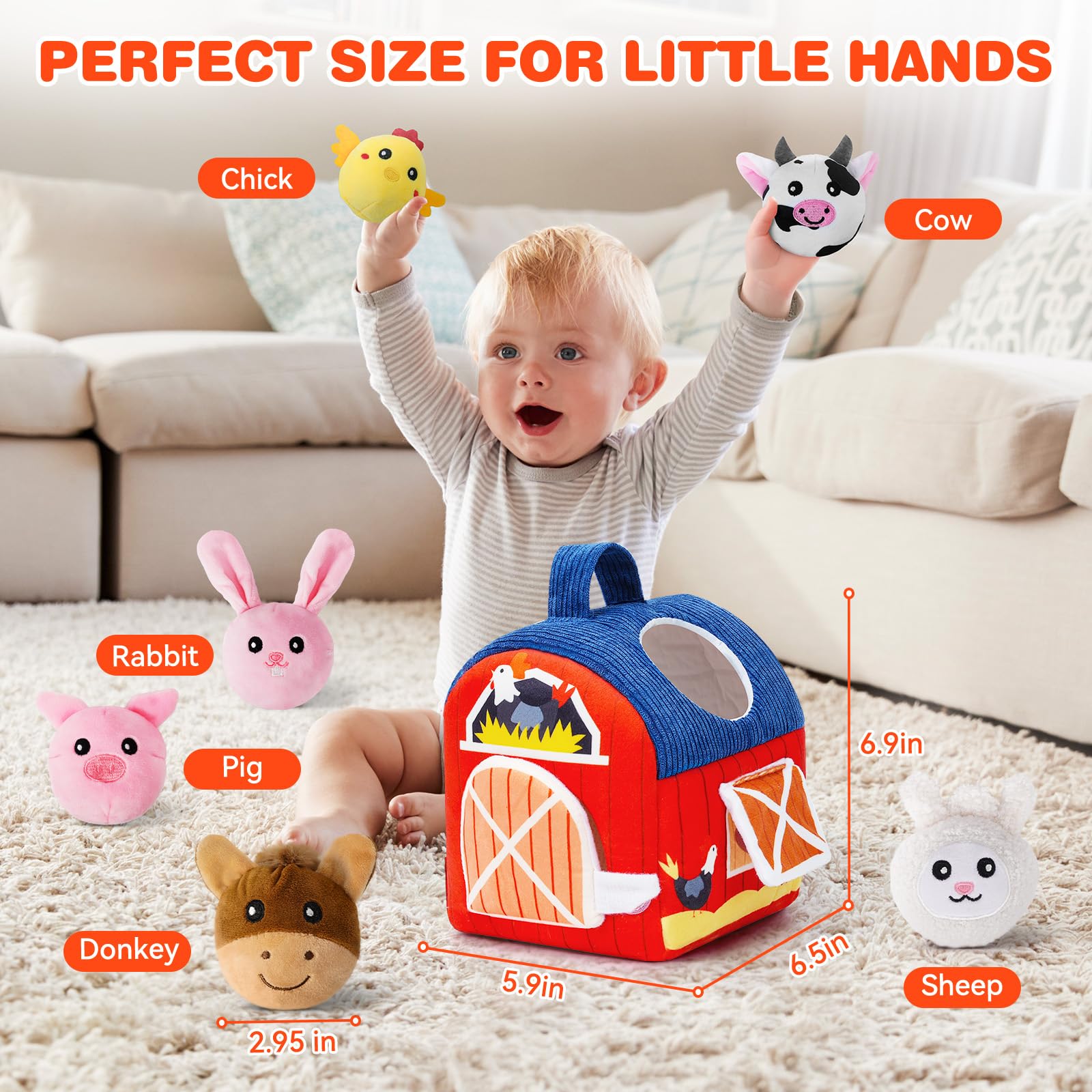 Soft Barn Baby Toys 6-12 Months with Stuffed Farm Animals, Rattle Squeaky Crinkle Sound & Mirror, Montessori Sensory Plush Infant Toy for 6 7 8 9 10