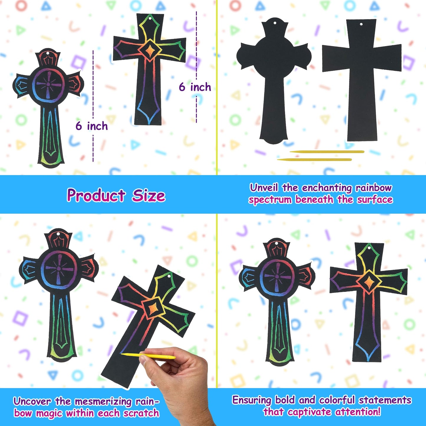 Podzly 50 Scratch Art Cross Ornament Craft Kit - Easter Religious Crafts for Kids, Scratch Art Crosses Church Gifts for Children, Kids Party Favors