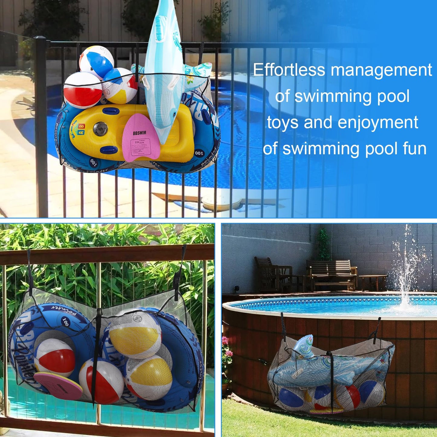 Pool Float Storage Bag,Adjustable Pool Toy Storage Organizer Hanging Mesh Bag for Rafts,Balls,Floats,Noodle,Inflatable Toys,Large Pool Toy Storage Net