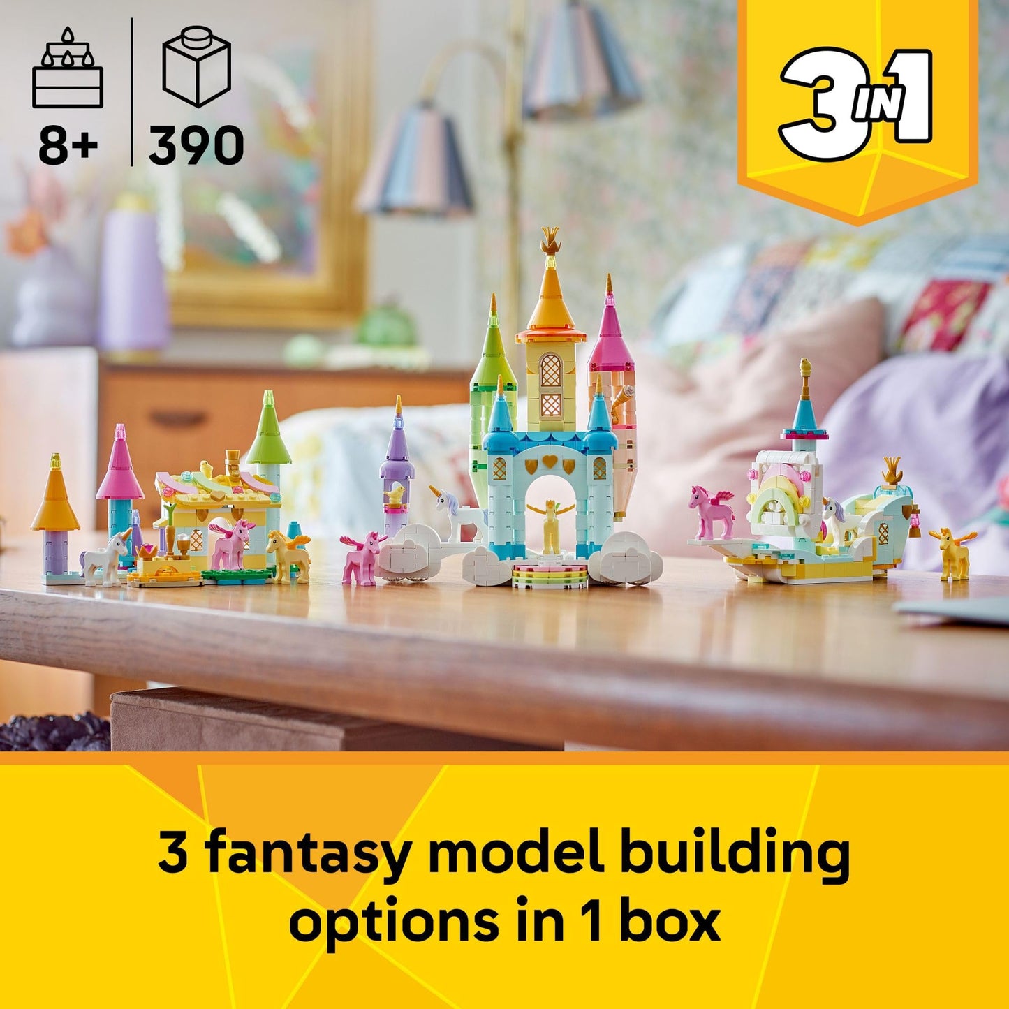 LEGO Creator 3 in 1 Unicorn Castle Building Toy for Kids - Unicorn Toy Trio for Girls & Boys, Ages 8+ - Build 3 Pretend Play Toys with 1 Set