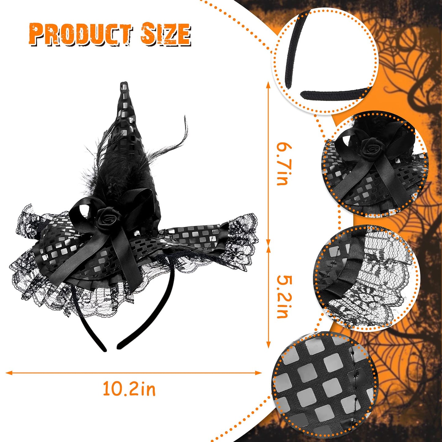 WILLBOND 4 Pcs Halloween Black Witch Hats and Lace Gloves Set, Halloween Costume Accessories, for Dress up Party Supplies