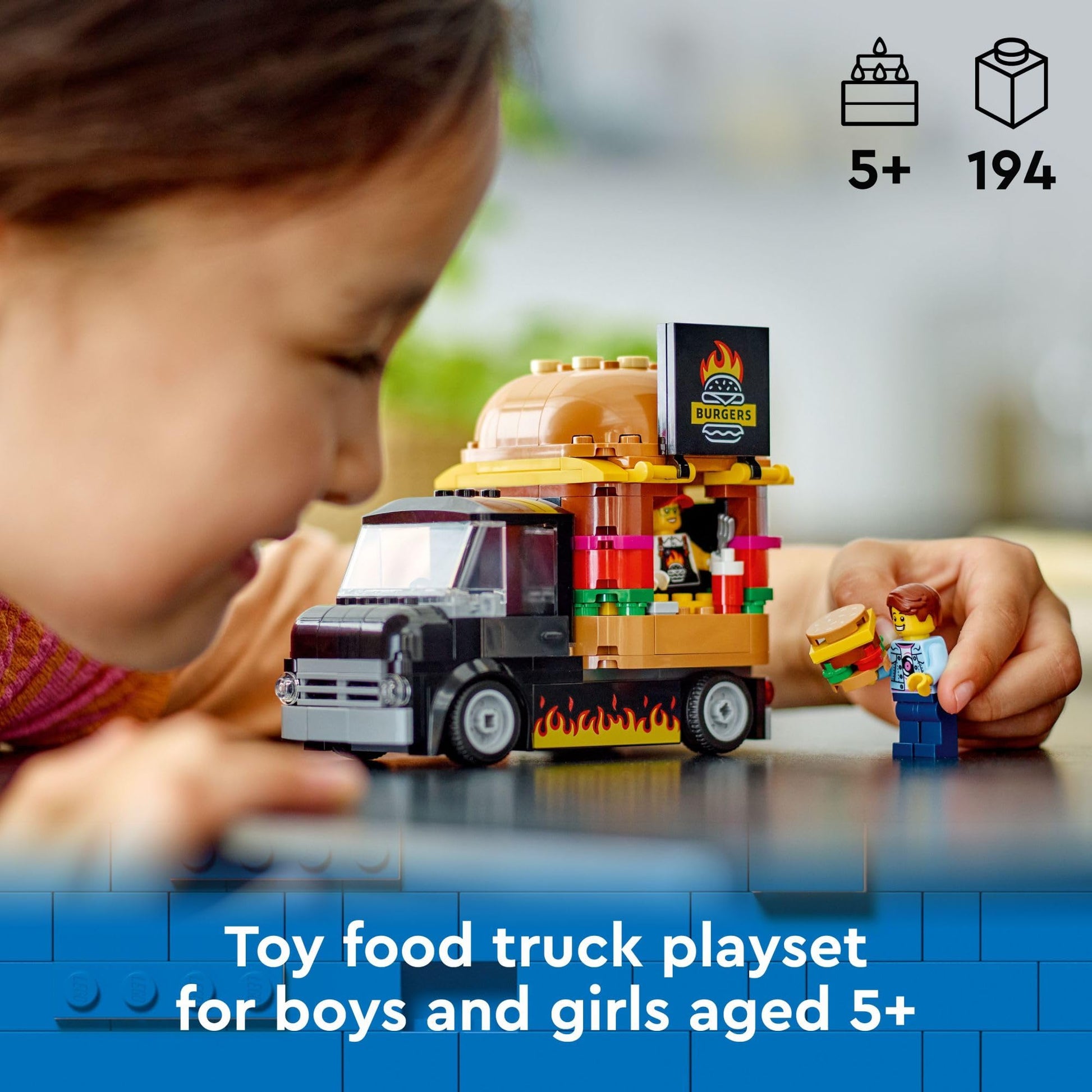 LEGO City Burger Truck Toy Building Set, Fun Gift for Kids Ages 5 Plus, Burger Van and Kitchen Playset, Vendor Minifigure and Accessories, Imaginative