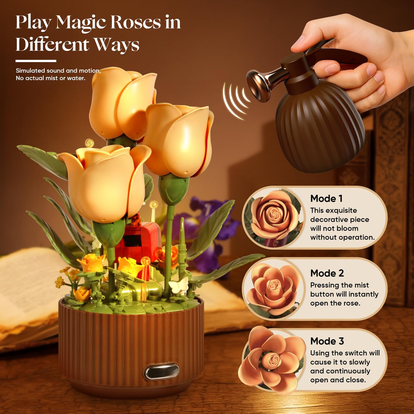 TekYetoi Magical Blooming Rose Building Set - Electric Moving Flowers Building Block with Realistic Watering Sound & LED Lights, Unique Birthday