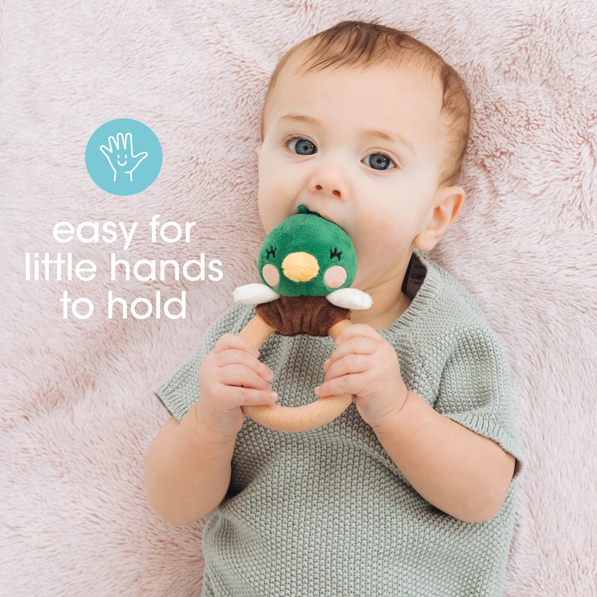 Pearhead Mallard Duck Wooden Baby Teether - Soft Plush Lovey with Natural Wood Rattle Ring, BPA & PVC-Free, Soothes Infant Gums, Multi-Sensory Newborn
