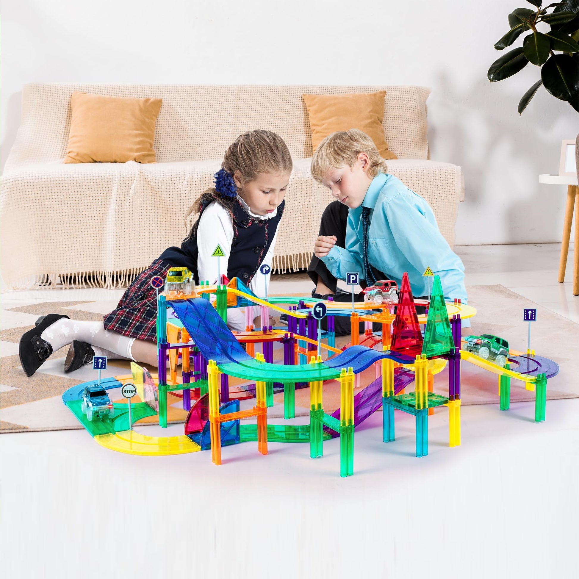 PicassoTiles 150 Piece Race Car Track Building Block Educational Toy Set Magnet Tile Magnetic Blocks Playset 4 Cars Early STEM Learning Construction