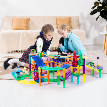 PicassoTiles 150 Piece Race Car Track Building Block Educational Toy Set Magnet Tile Magnetic Blocks Playset 4 Cars Early STEM Learning Construction