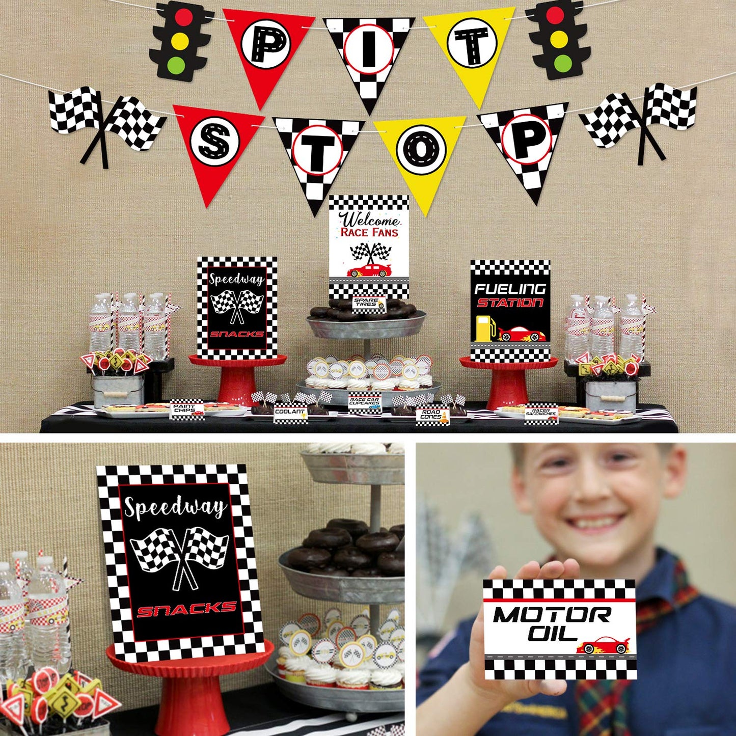Race Car Bar Decorations Racing Car Birthday Party Decor Kit Pit Stop Banner Race Bar Signs Snack Tent Cards Let's Go Racing Theme Party Supplies