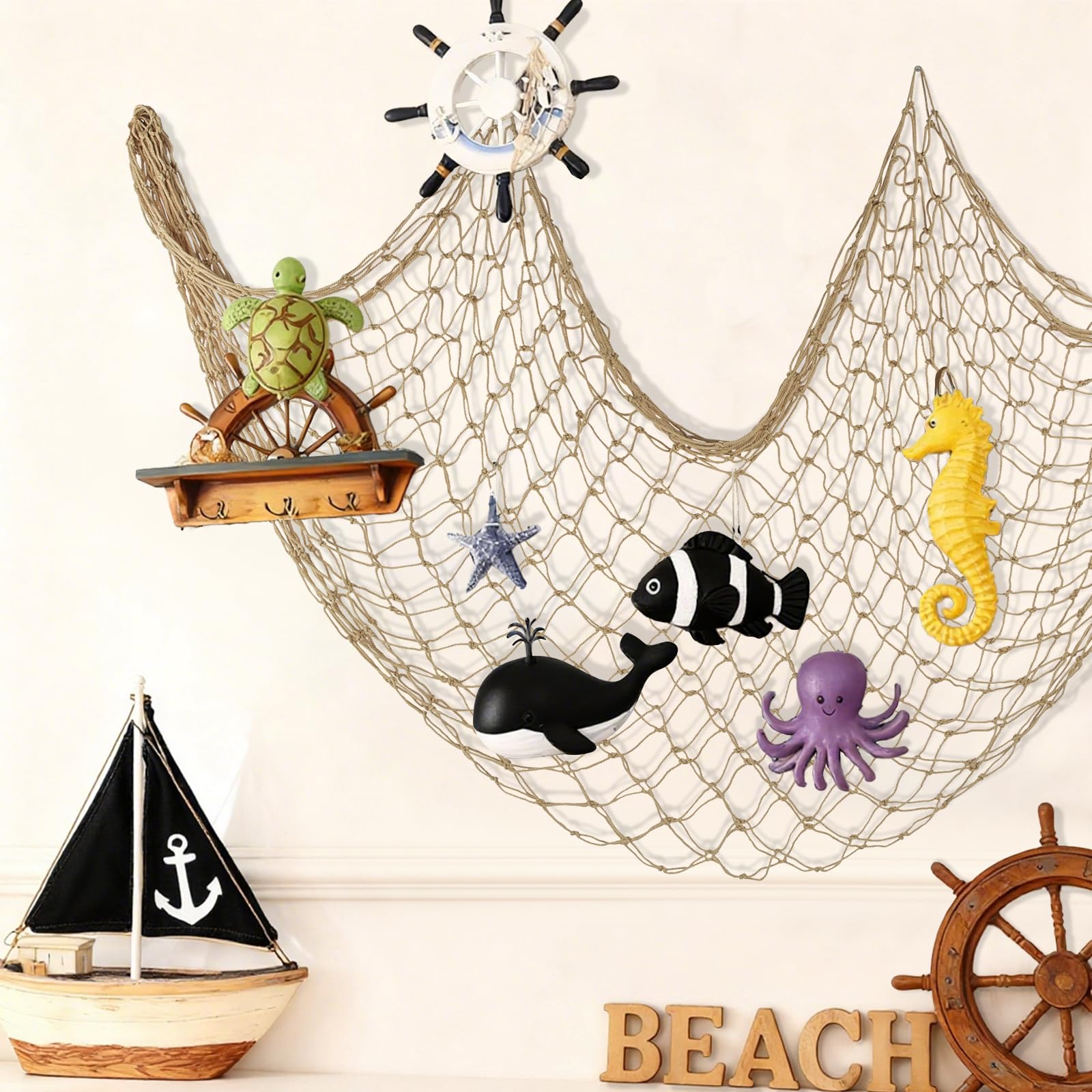 Decorative Fishing Net 80x40 Inch, Patioland Large Caramel Picture Fish Net, Wall Photo Hanging Fishnet for Nautical Mermaid Pirate Ocean Themed