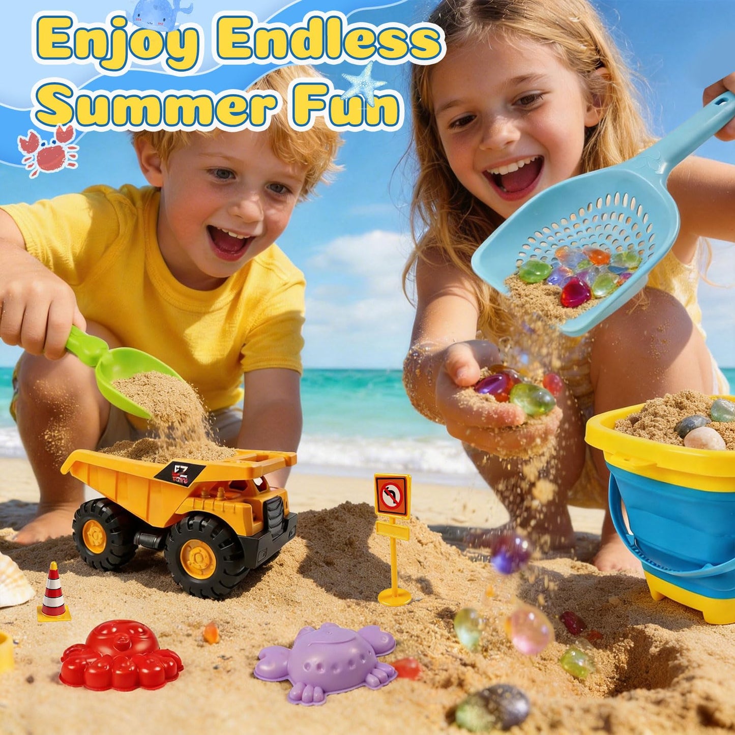 UBeesize 37 PCS Beach Toys, 3-in-1 Construction & Treasure Hunt Sand Toys