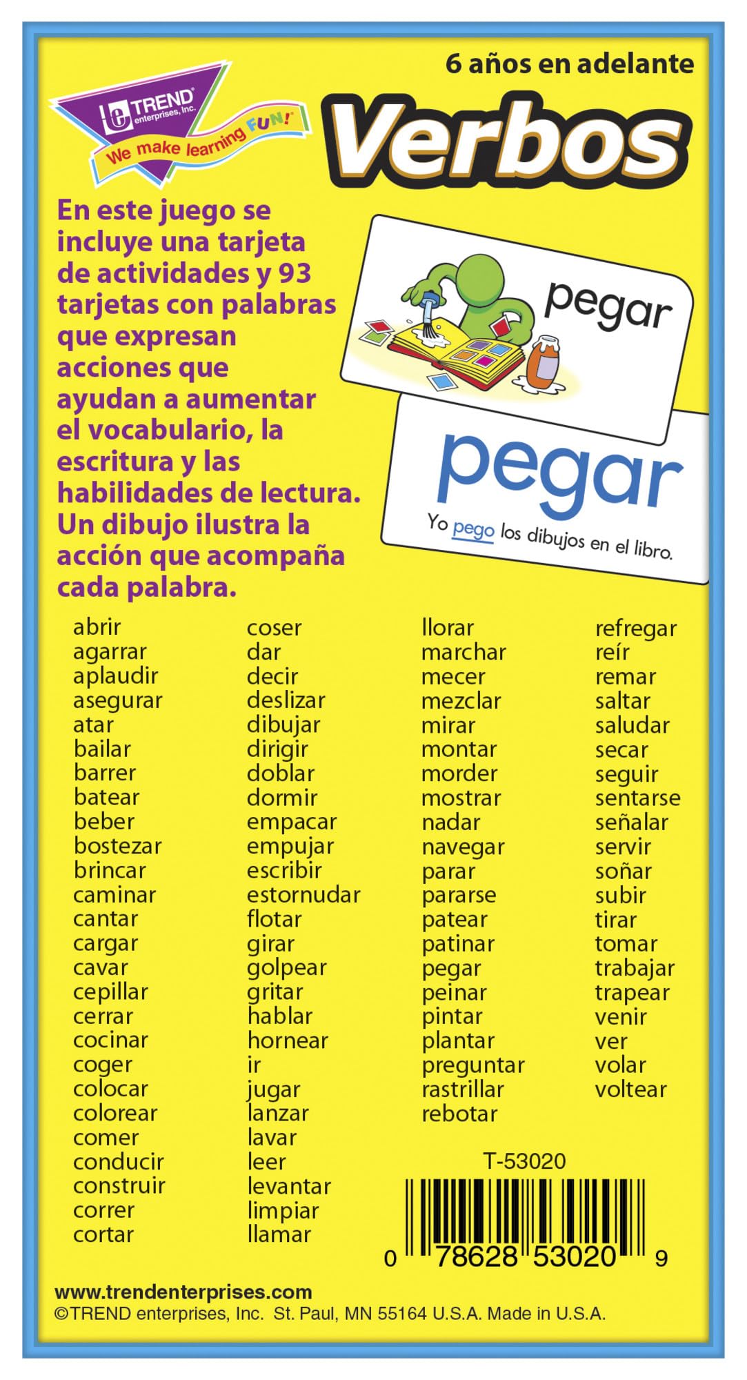 Trend Enterprises: Verbos (Spanish Action Words) Skill Drill Flash Cards, Grow Spanish Fluently, Illustraions with Words & Sample Sentence, 94 Cards