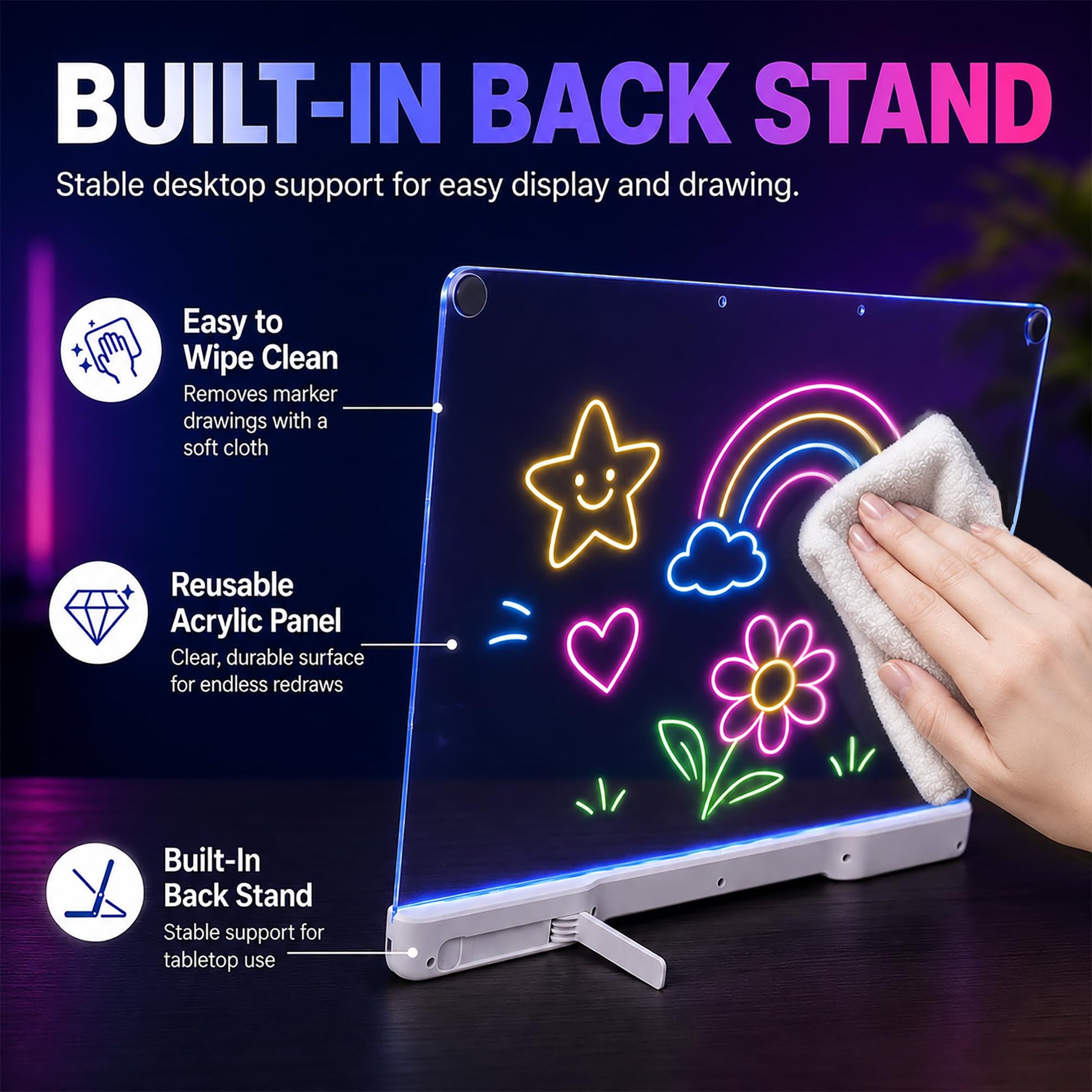 LED Drawing Board for Kids, 16-Inch Rechargeable Doodle Pad, 10 Color Modes,LED Note & Drawing Board, Birthday Gift for Girls Boys Teens