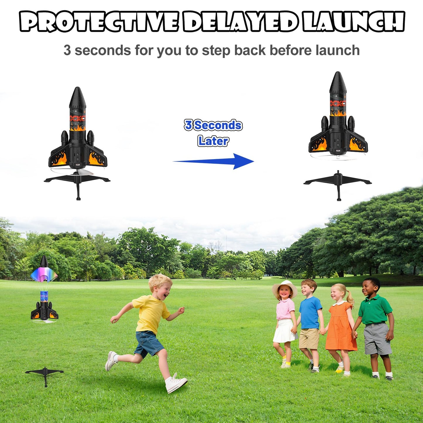 Ovaasy Rocket Launcher for Kids, 200 ft Self Launching Motorized Rocket Toy with LED and Safety Parachute Land, Outdoor Toys Cool Birthday for Boys