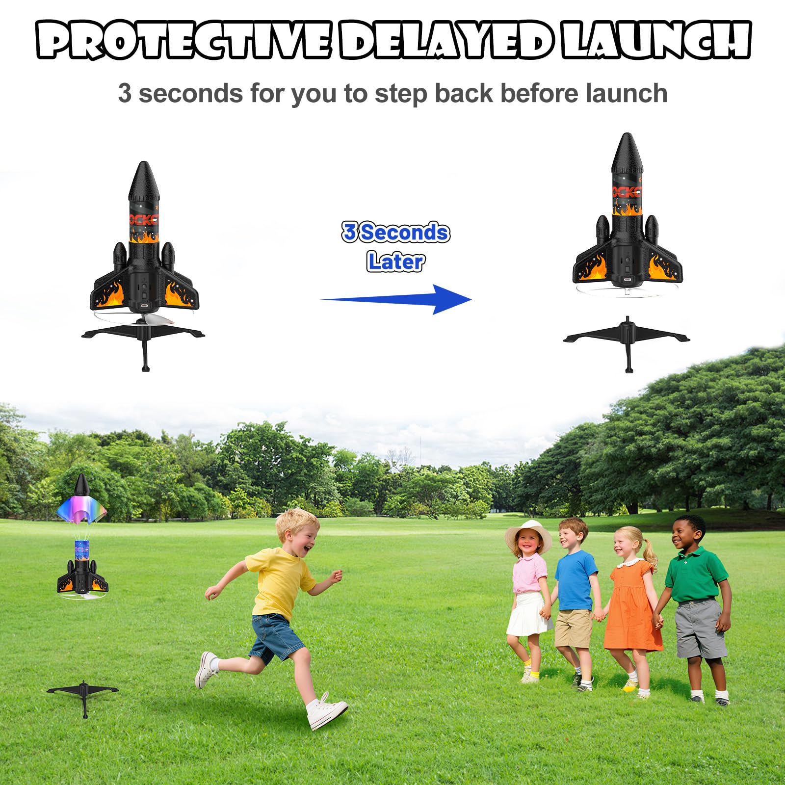 Ovaasy Rocket Launcher for Kids, 200 ft Self Launching Motorized Rocket Toy with LED and Safety Parachute Land, Outdoor Toys Cool Birthday for Boys