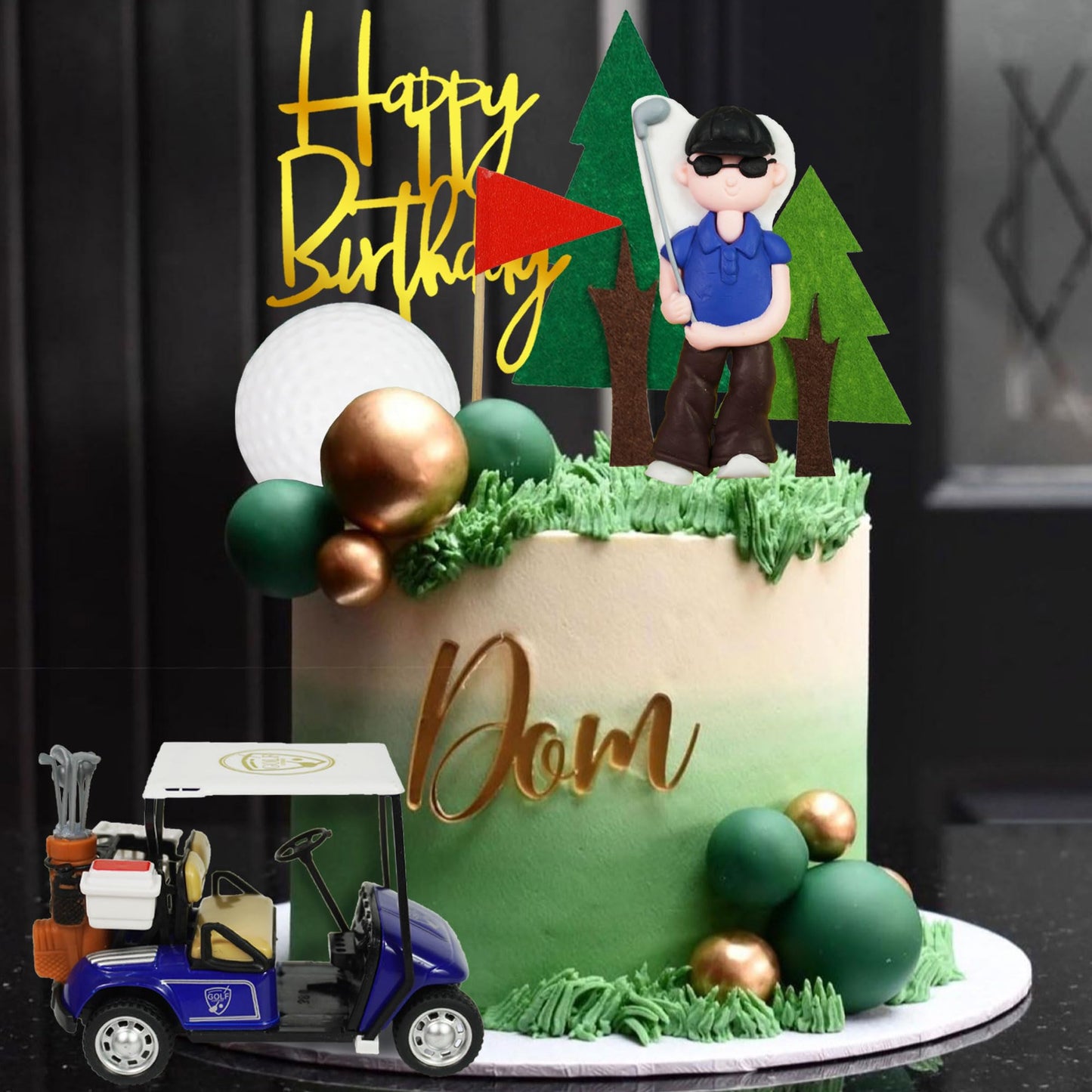 Golf Cake Toppers Golf Carts Clay Golf Figurine Cake Decorations with Green Gold Balls Red Flag Trees for Golf Sport Theme Birthday Supplies (01)