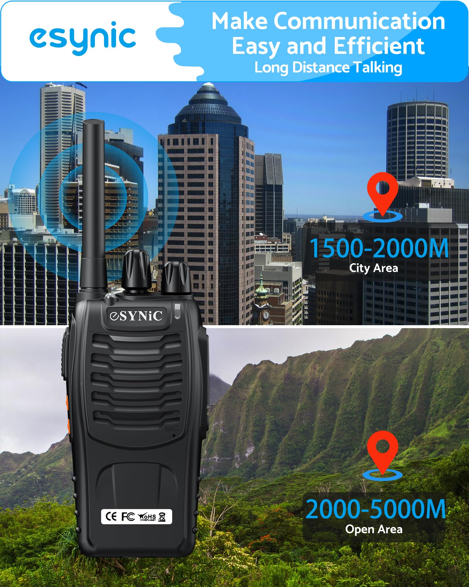 eSynic 4 Pack Rainproof Walkie Talkies-Easy to Carry-3 Miles Long Range-16Ch Walky Talky with Earpieces-Flashlight & VOX Hand Free Talking-1500mAh