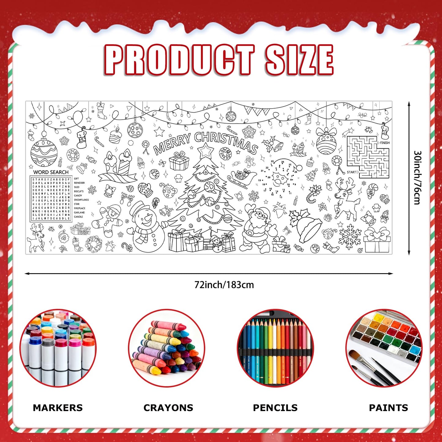 Giant Merry Christmas Coloring Poster - Large Christmas Tree Coloring Tablecloth, DIY Xmas Table Cloth Jumbo Banner Paper Craft for Gifts Activities
