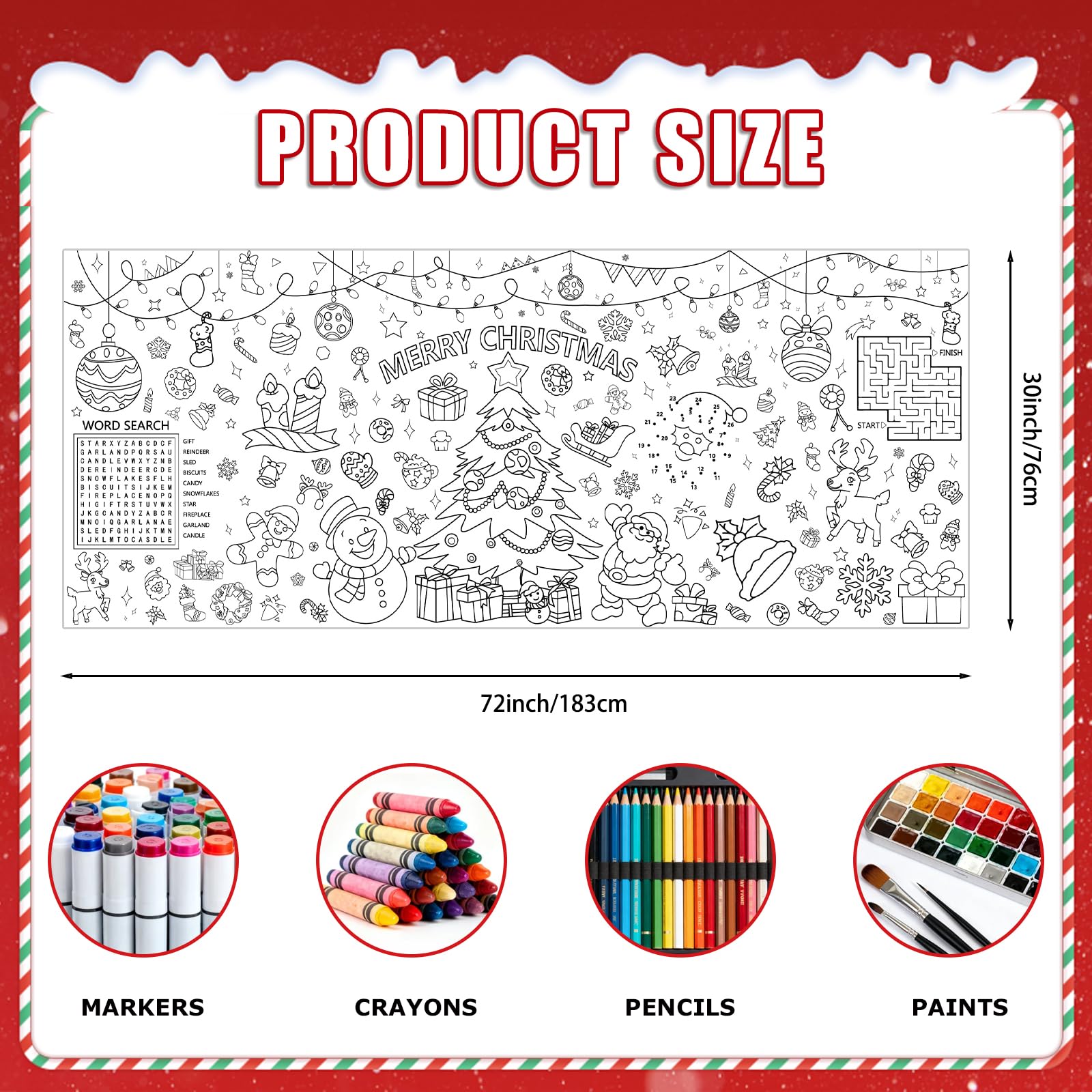 Giant Merry Christmas Coloring Poster - Large Christmas Tree Coloring Tablecloth, DIY Xmas Table Cloth Jumbo Banner Paper Craft for Gifts Activities