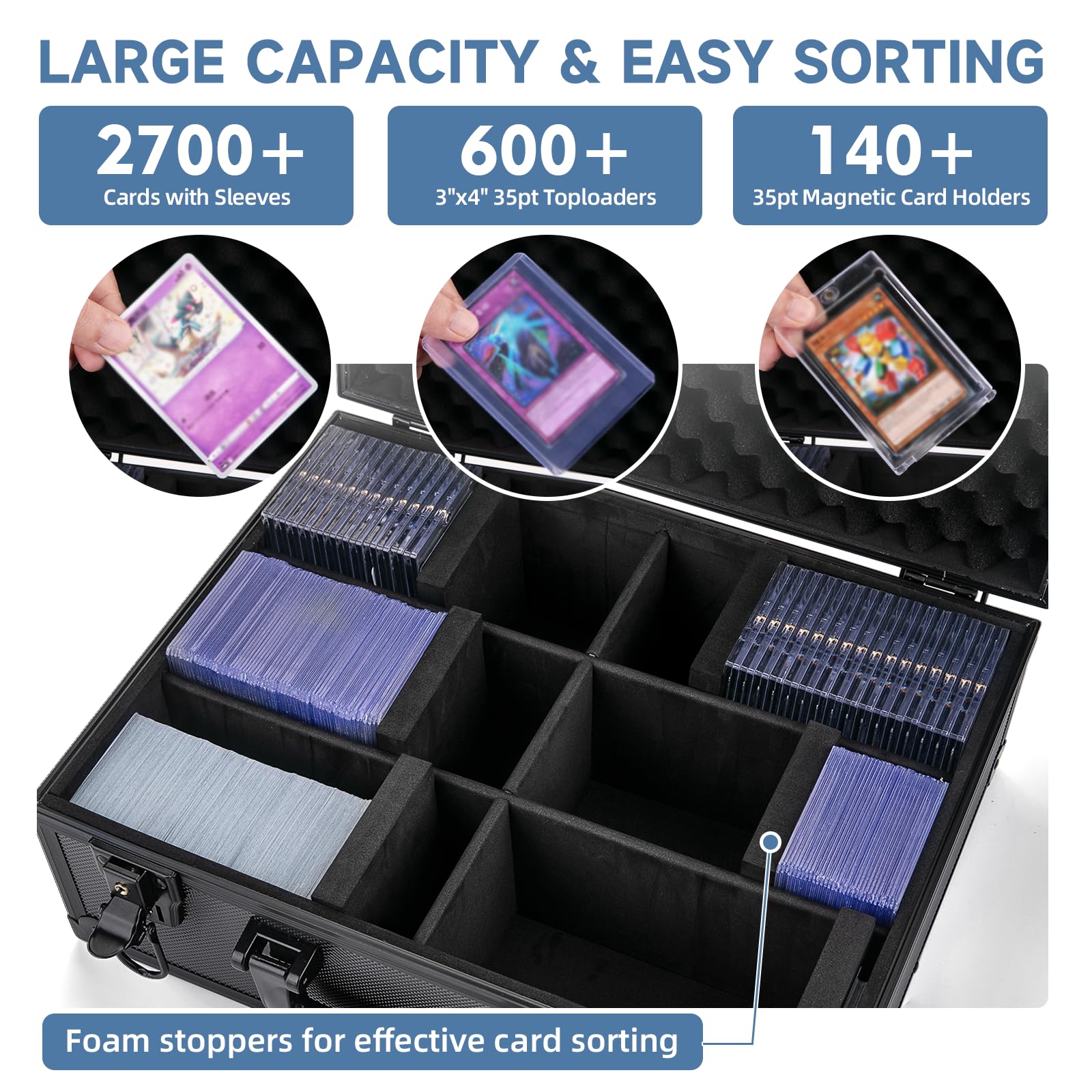 Trading Card Storage Box for 3" X 4" 35pt Toploaders 600+, Sturdy Secure Large Capacity Hard Case with 6 Foam Stoppers, Fits Toploader Magnetic