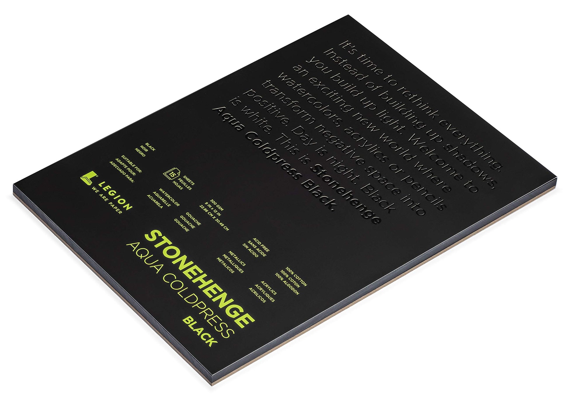 Stonehenge Aqua Black Medium Weight Pad, 140lb, Coldpress, 9 x 12 Inches, 15 Sheets for Wet and Dry Media