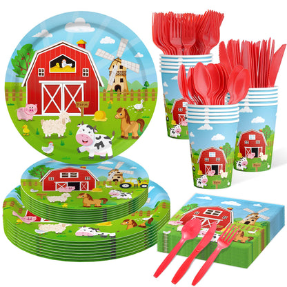 Farm Animal Birthday Party Decorations Farm Plates Tableware Barnyard Farm Birthday Party Supplies Serves 25 Farm Themed Cups, Farm Animal Napkins Red