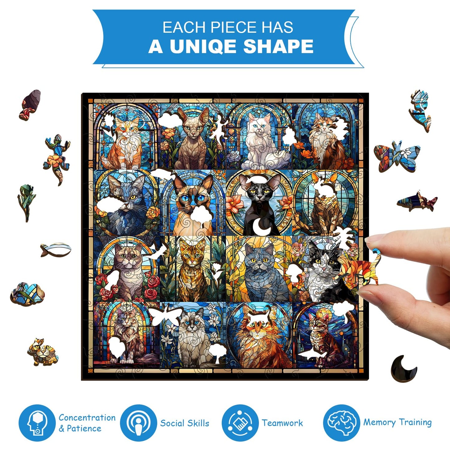 Cat Wooden Puzzles for Adults 180 Pieces, Stained Glass Puzzle,Colorful Kitty Kitten Collage, Hard Difficult Impossible Challenging Jigsaw Puzzles