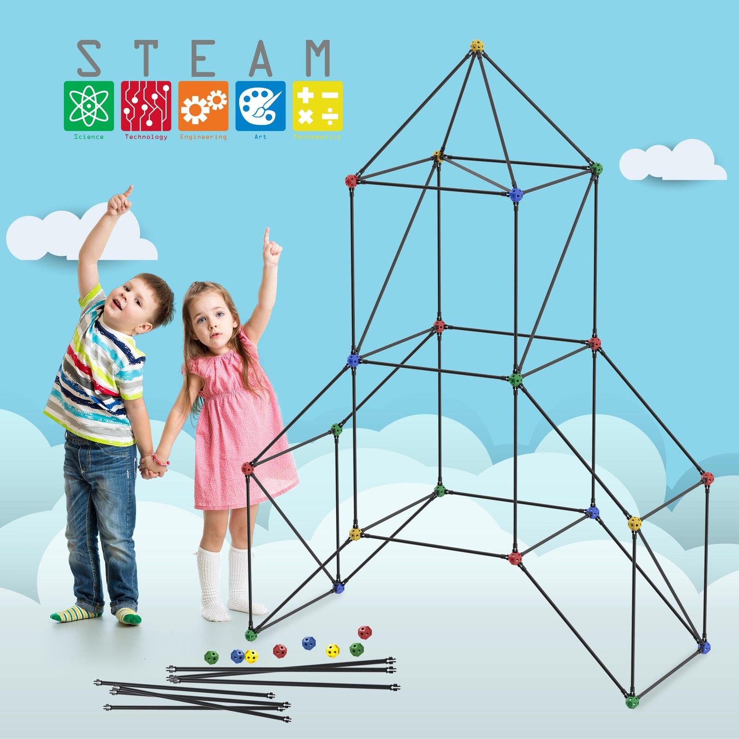 PicassoTiles Kids Fort Building Kit Playset 100 Piece Indoor and Outdoor Toy Set Fort Construction Builders Blocks Toys for Kids Boys Girls STEM