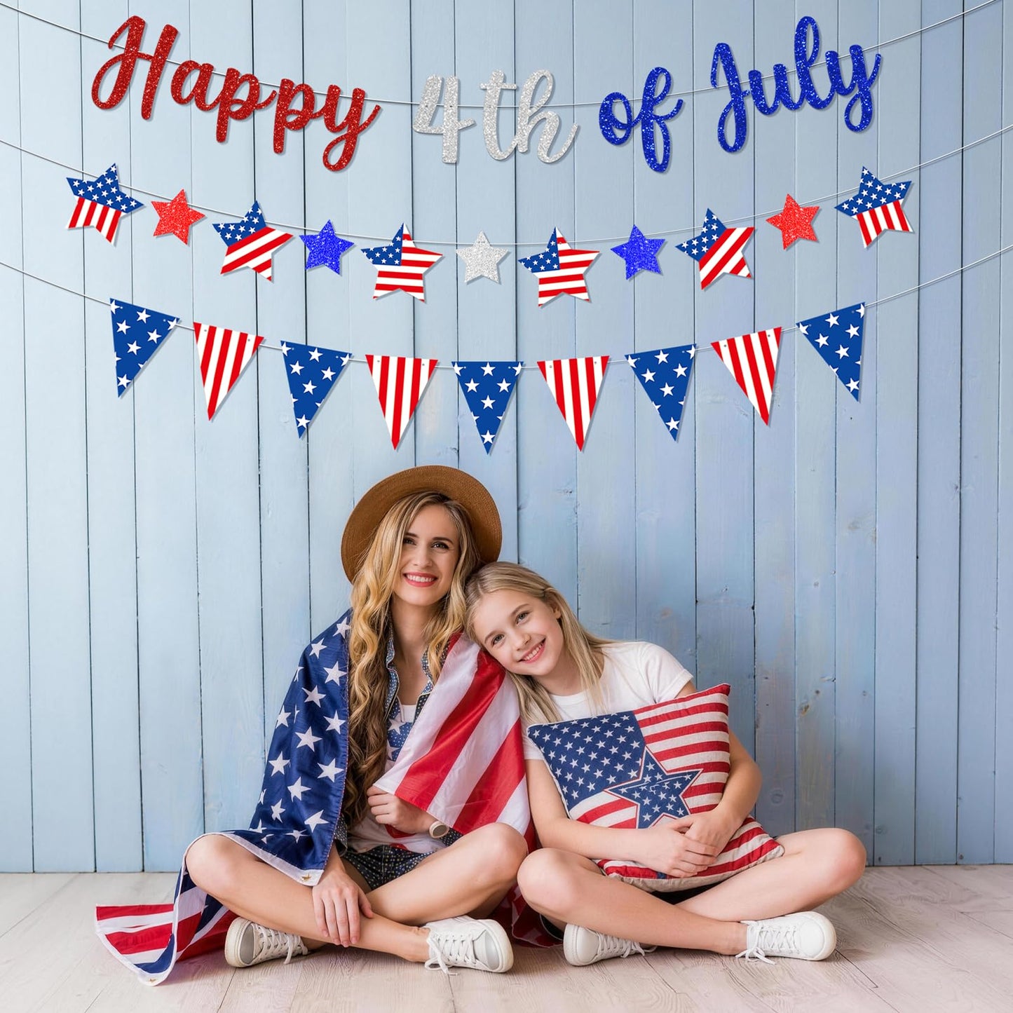 Happy 4th of July Patriotic Banner Garland, Pre-Strung Cardboard Stars and Pennants, Red White Blue USA Flag Stars and Stripes for Independence Day