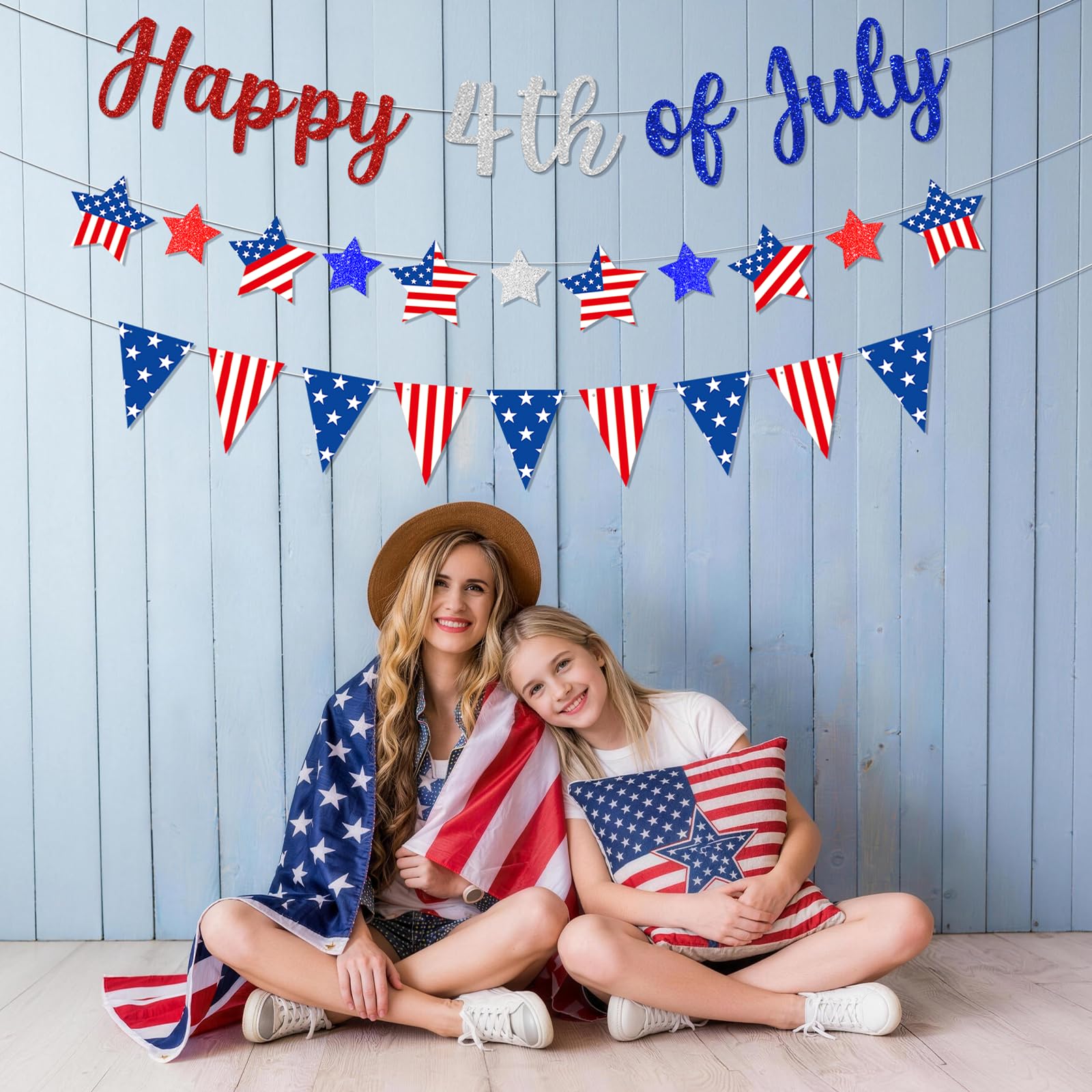 Happy 4th of July Patriotic Banner Garland, Pre-Strung Cardboard Stars and Pennants, Red White Blue USA Flag Stars and Stripes for Independence Day