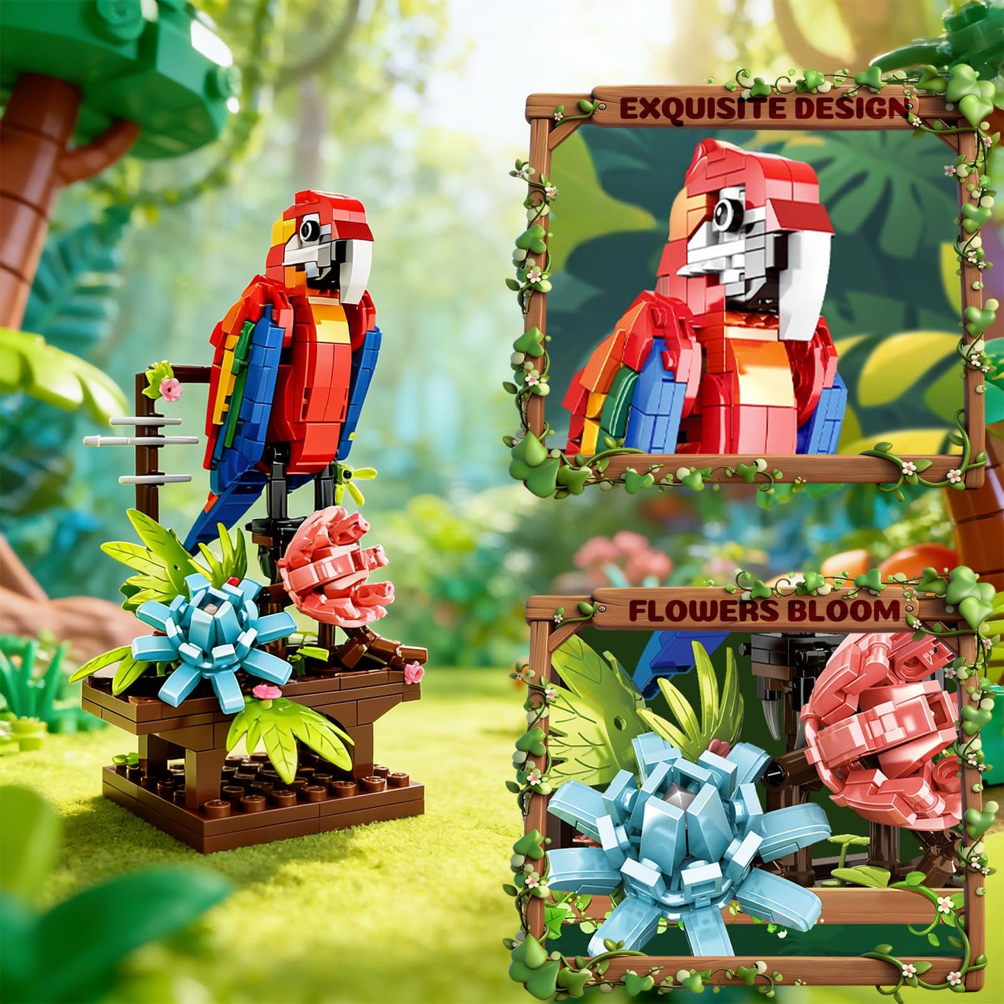 APENGBAOL 3-in-1 Parrot Building Sets 538 PCS Chameleon & Crab Animal Model with Flowers Creative Bird Construction Kit for Adults Nature Display Gift