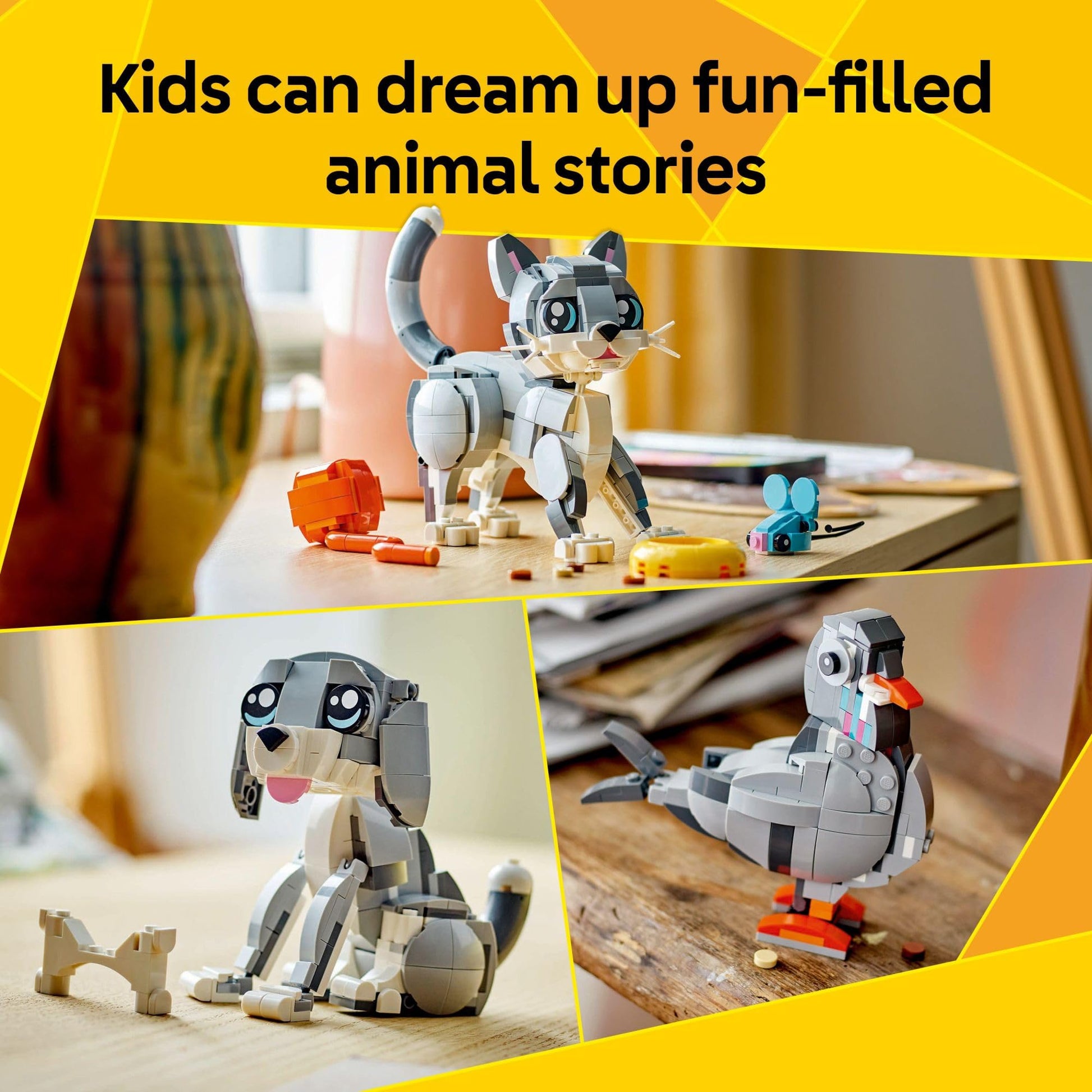 LEGO Creator 3 in 1 Playful Cat Toy - Building Toy with 3 Building Options, Cat, Dog, or Pigeon - Birthday Gift for Kids - Animal Figures for Kids